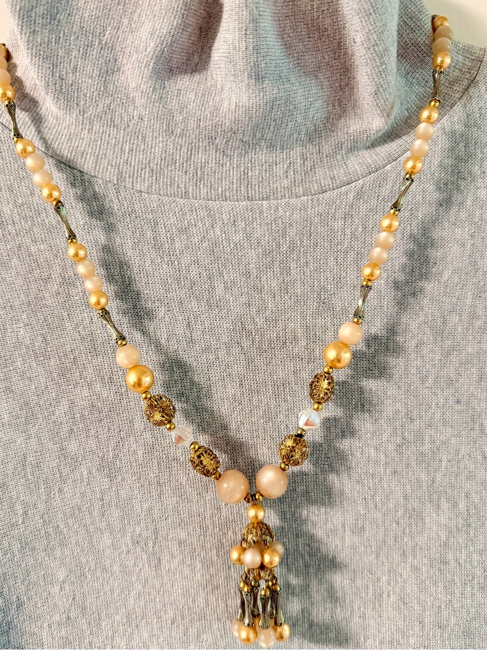 Gold Tone Peach Pearl Style Filigree Tassel Statement Necklace